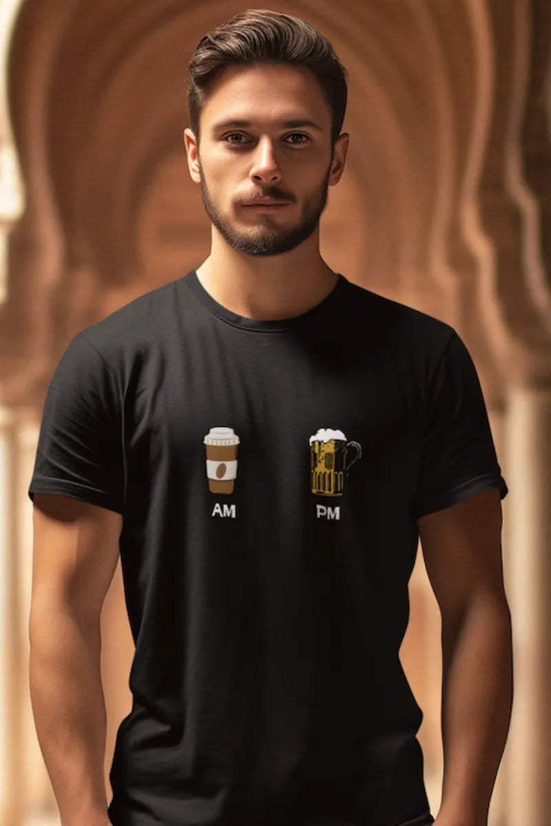 A man wearing a Black cotton t-shirt with AM PM design showing coffee cup for morning and beer mug for evening