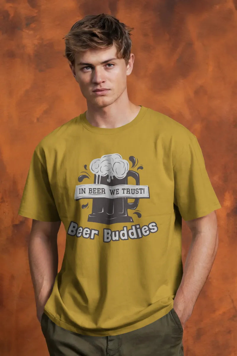 A man wearing a Mustard yellow t-shirt with In Beer We Trust and Beer Buddies print