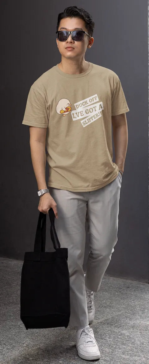 "Funny Duck Off Slipper T-Shirt – Cute Angry Duck Graphic Tee" | Men’s T-shirt for Animal Lovers