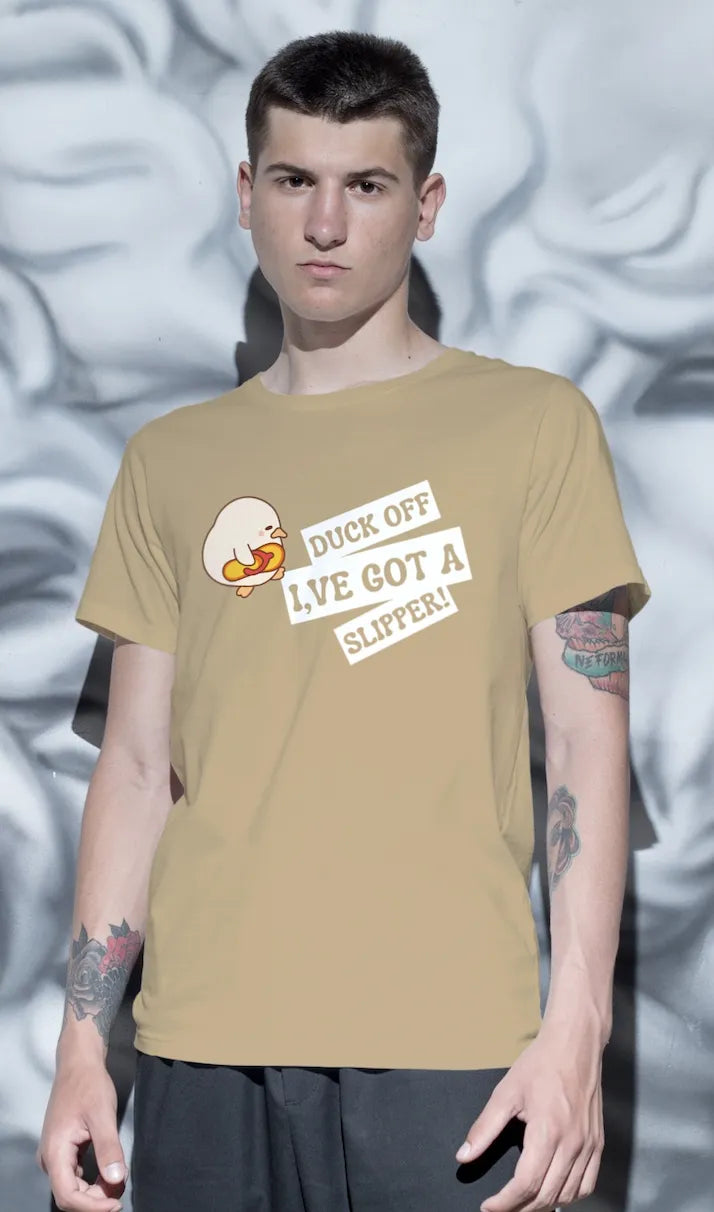 "Funny Duck Off Slipper T-Shirt – Cute Angry Duck Graphic Tee" | Men’s T-shirt for Animal Lovers