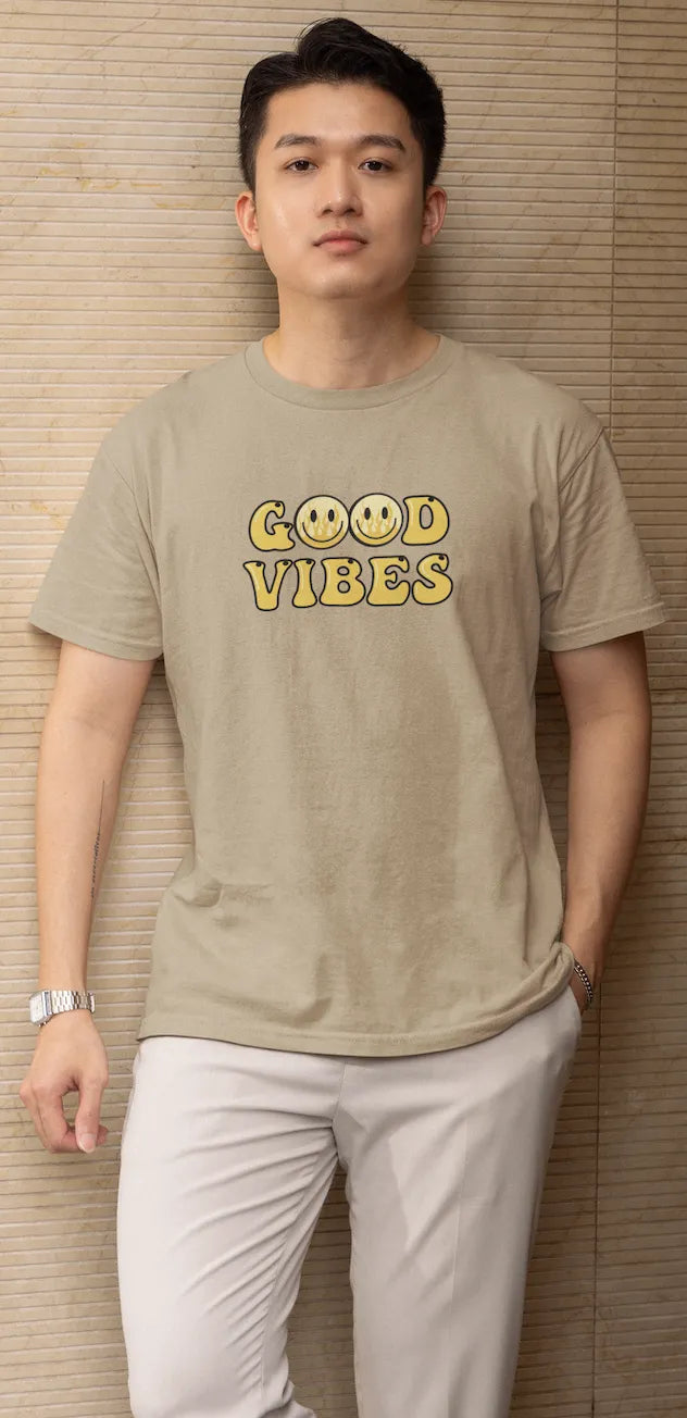 Good Vibes Flame Smiley T-Shirt – Yellow Cartoon Tee for Men