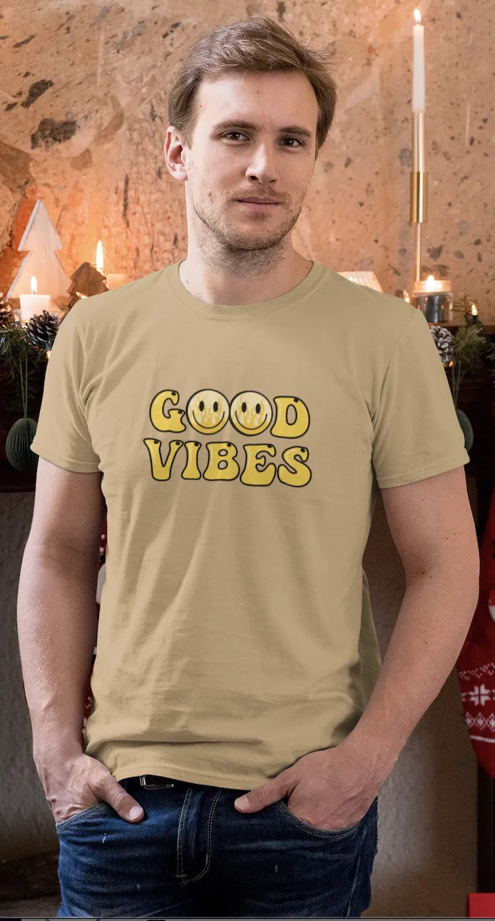 Good Vibes Flame Smiley T-Shirt – Yellow Cartoon Tee for Men