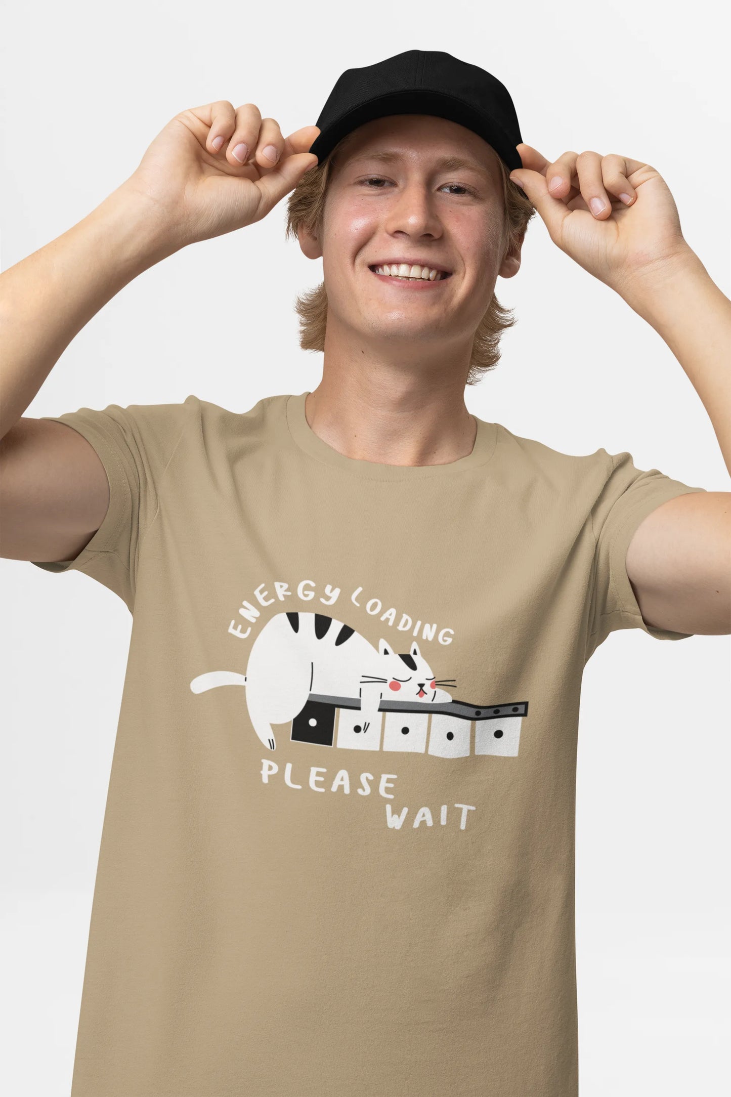 "Low Battery Mode Activated – Cute Lazy Cat Graphic Tee" | Men’s T-shirt for Animal Lovers