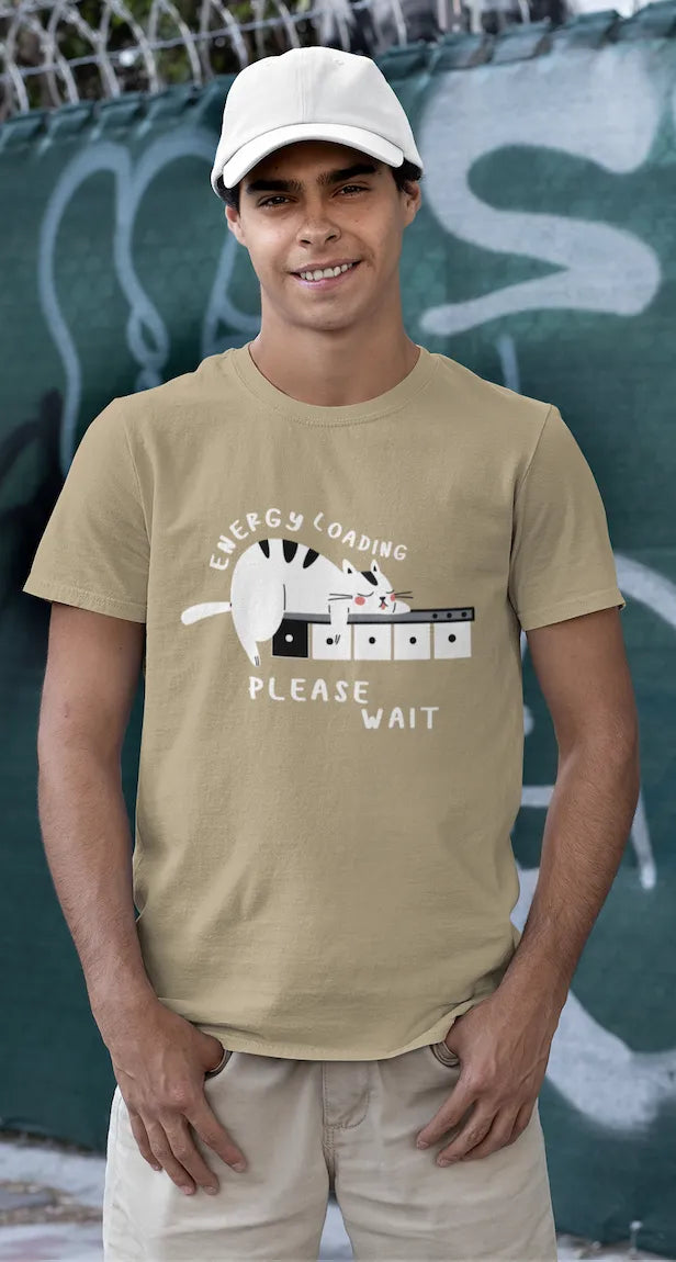 "Low Battery Mode Activated – Cute Lazy Cat Graphic Tee" | Men’s T-shirt for Animal Lovers