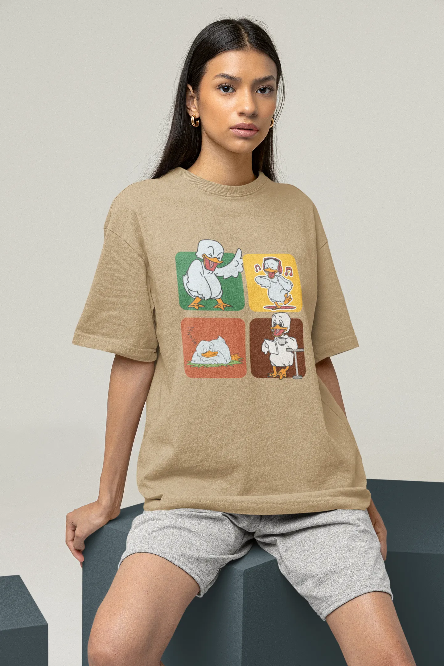 "Mood Swing Duck Graphic T-Shirt – Funny Cartoon Vibes Tee | Chill, Dance, Sleep & Read" | Women’s T-shirt for Cartoon Lovers