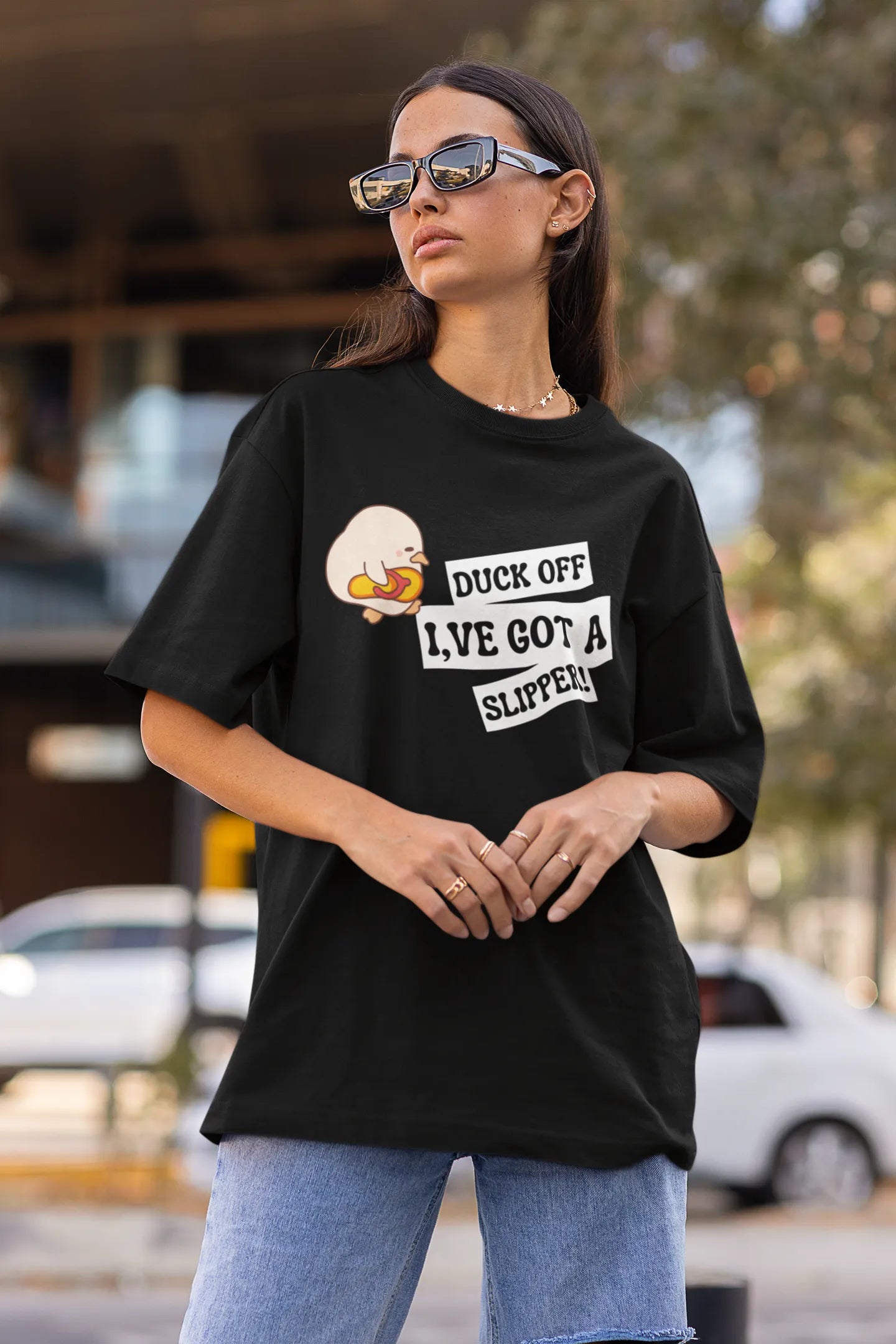 "Funny Duck Off Slipper T-Shirt – Cute Angry Duck Graphic Tee" | Women’s T-shirt for Animal Lovers