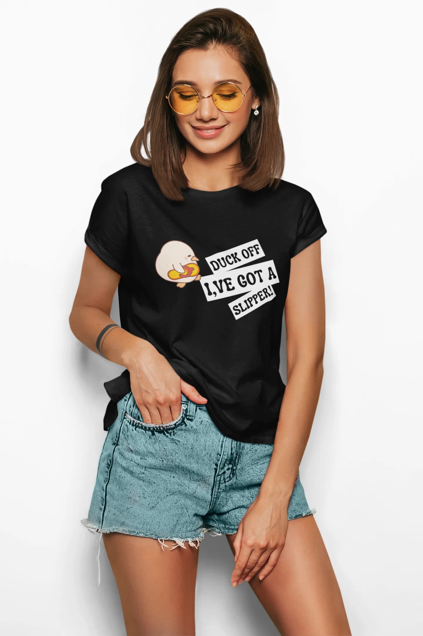 "Funny Duck Off Slipper T-Shirt – Cute Angry Duck Graphic Tee" | Women’s T-shirt for Animal Lovers