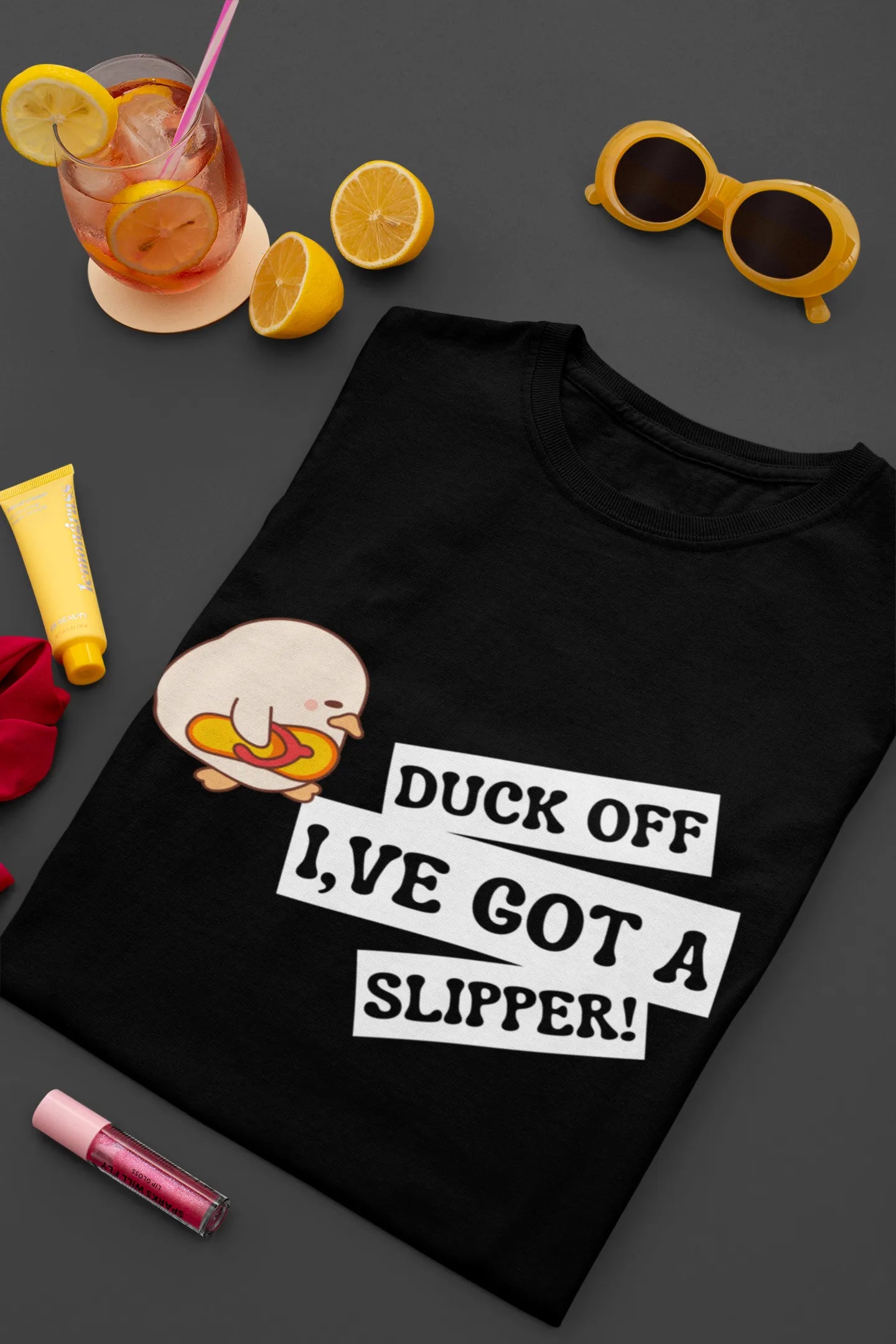 "Funny Duck Off Slipper T-Shirt – Cute Angry Duck Graphic Tee" | Women’s T-shirt for Animal Lovers