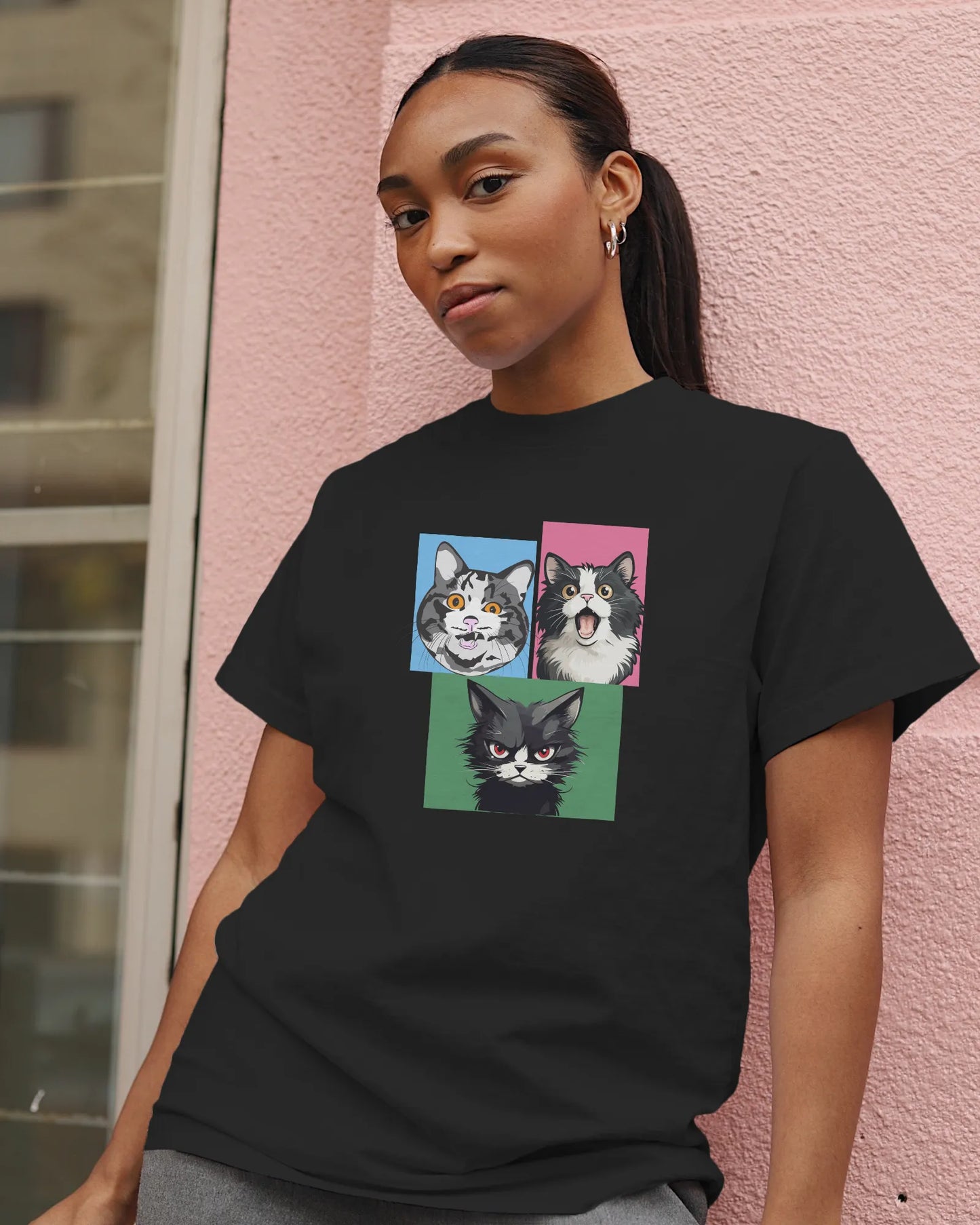 Grumpy, Happy & Surprised Cats Faces Graphic Tee for Women