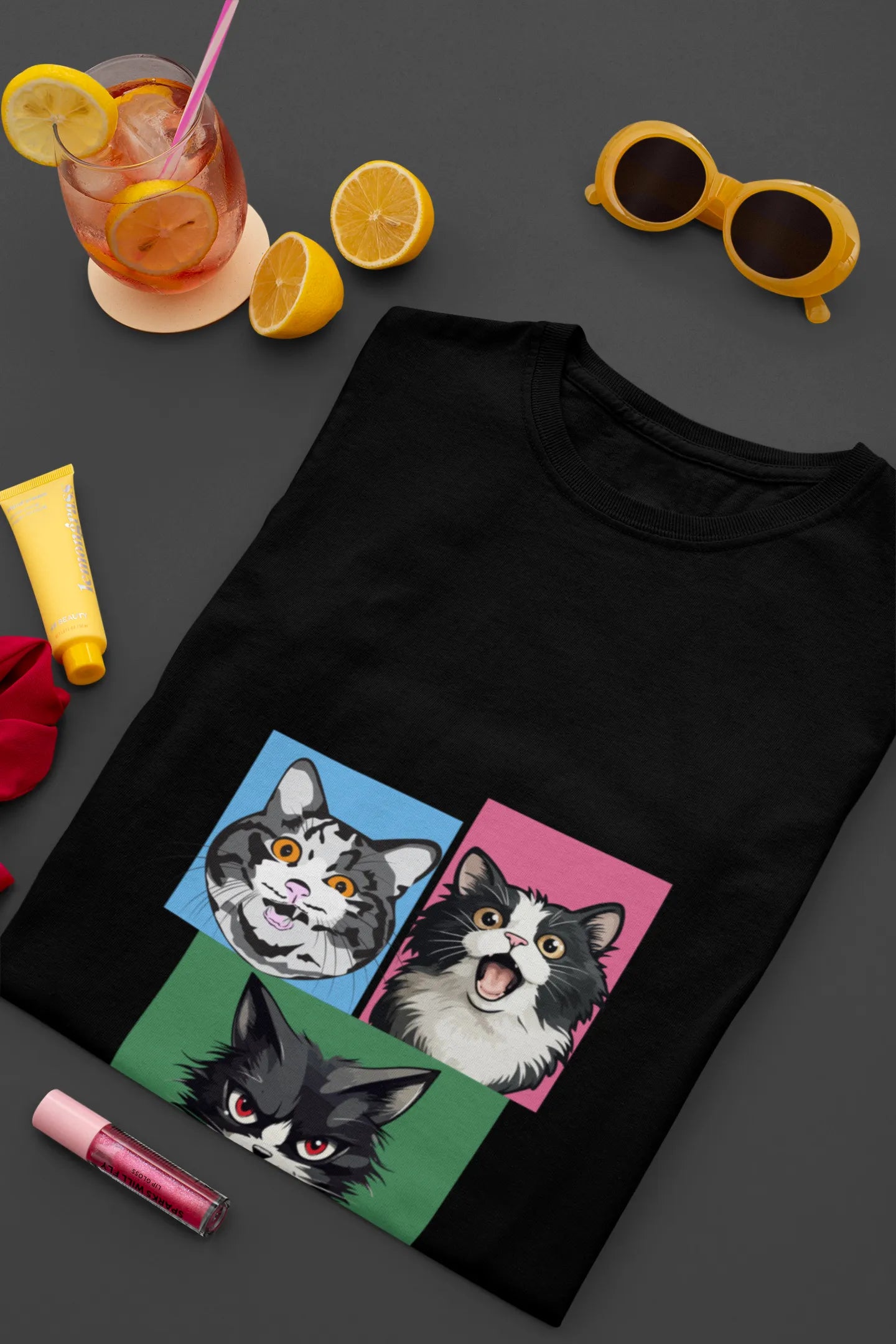 Grumpy, Happy & Surprised Cats Faces Graphic Tee for Women