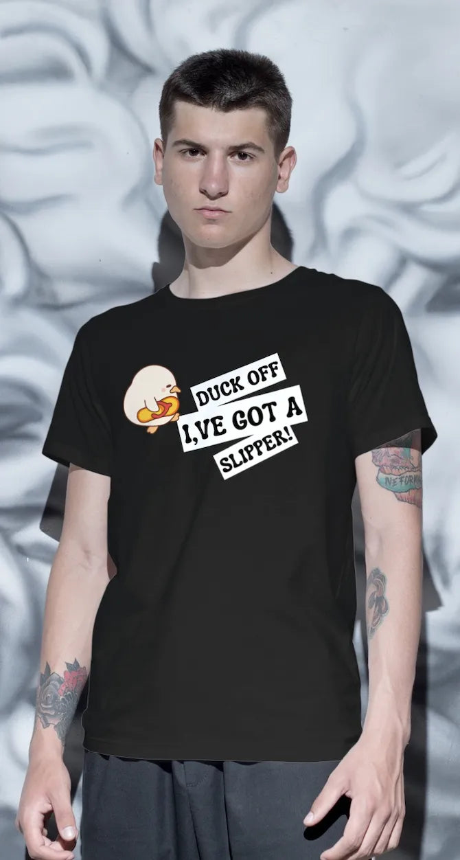 "Funny Duck Off Slipper T-Shirt – Cute Angry Duck Graphic Tee" | Men’s T-shirt for Animal Lovers