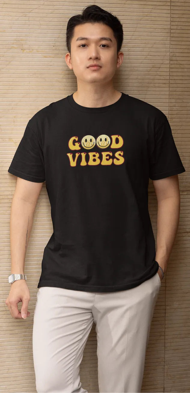 Good Vibes Flame Smiley T-Shirt – Yellow Cartoon Tee for Men