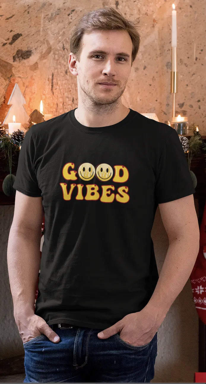 Good Vibes Flame Smiley T-Shirt – Yellow Cartoon Tee for Men