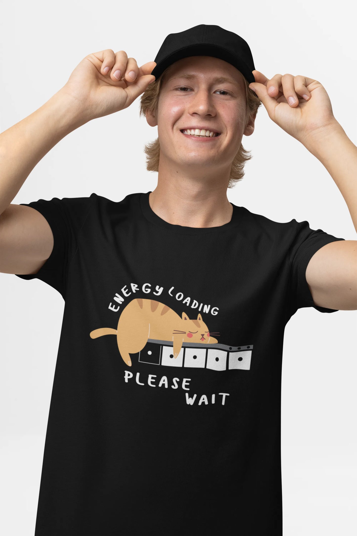 "Low Battery Mode Activated – Cute Lazy Cat Graphic Tee" | Men’s T-shirt for Animal Lovers
