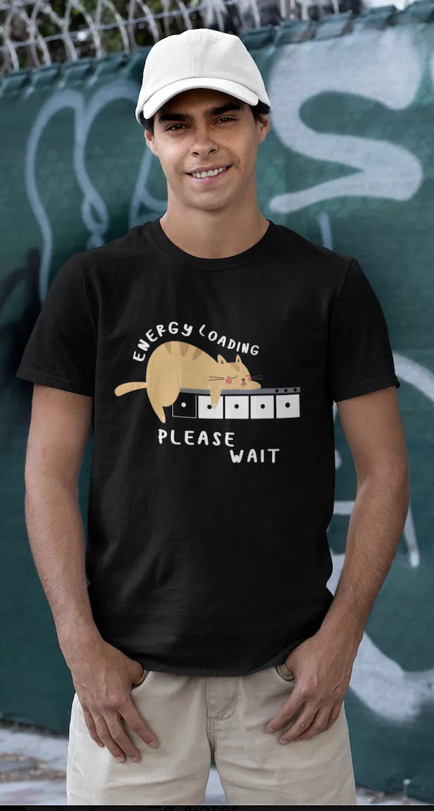 "Low Battery Mode Activated – Cute Lazy Cat Graphic Tee" | Men’s T-shirt for Animal Lovers