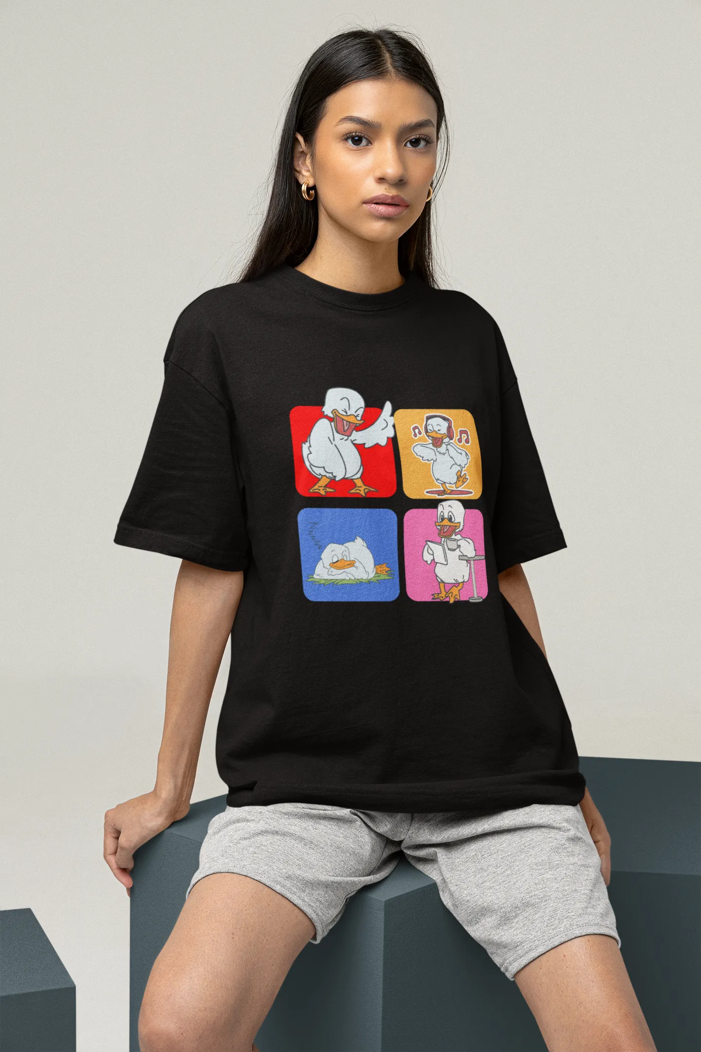 "Mood Swing Duck Graphic T-Shirt – Funny Cartoon Vibes Tee | Chill, Dance, Sleep & Read" | Women’s T-shirt for Cartoon Lovers