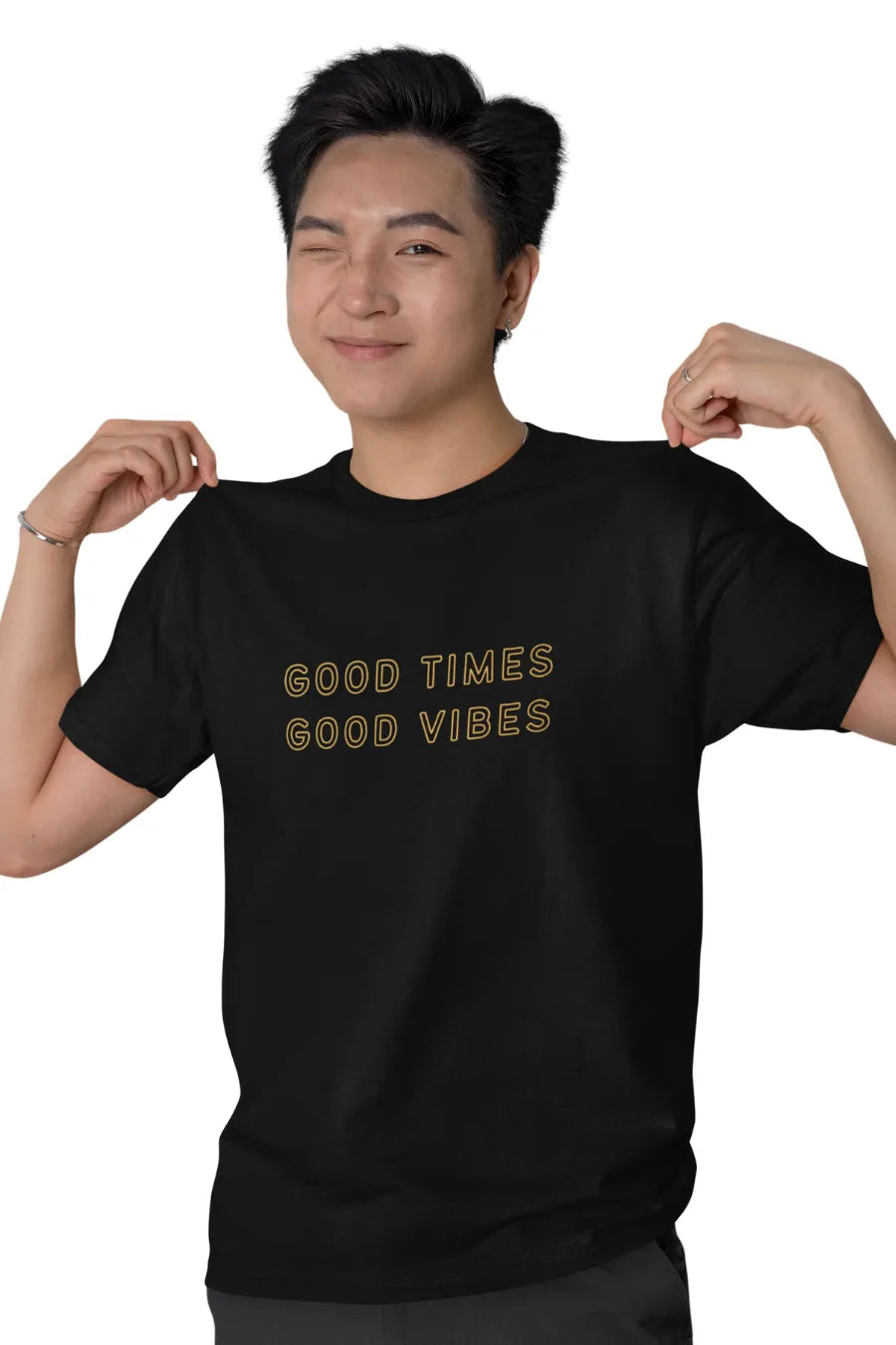 Double Impact 'Good Times Good Vibes Odyssey' T-Shirt | Men's Black T-shirt for Travel and Adventure Lovers