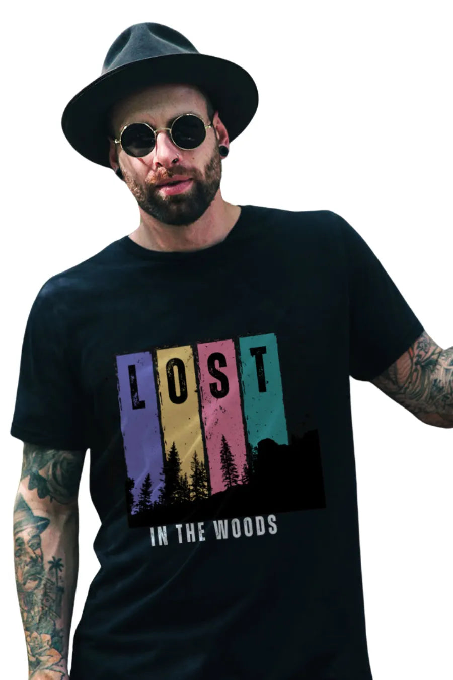 Man wearing a black T-shirt with multicolor 'Lost in the Woods' Travel-Adventure graphic featuring forest silhouettes