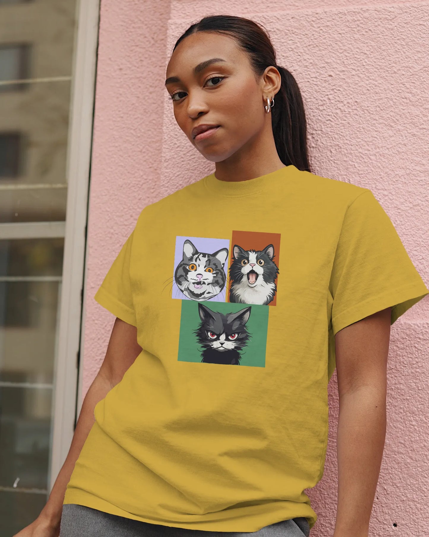 Grumpy, Happy & Surprised Cats Faces Graphic Tee for Women