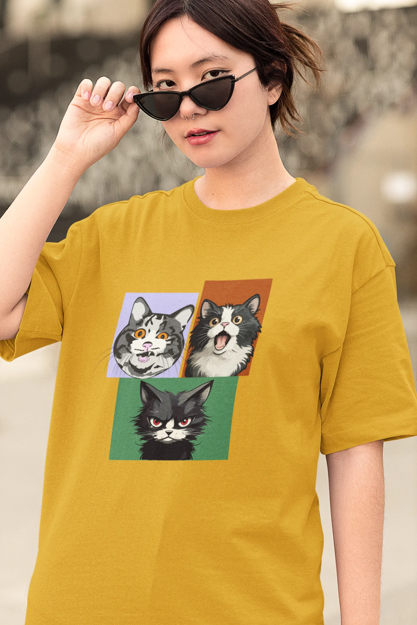 Grumpy, Happy & Surprised Cats Faces Graphic Tee for Women