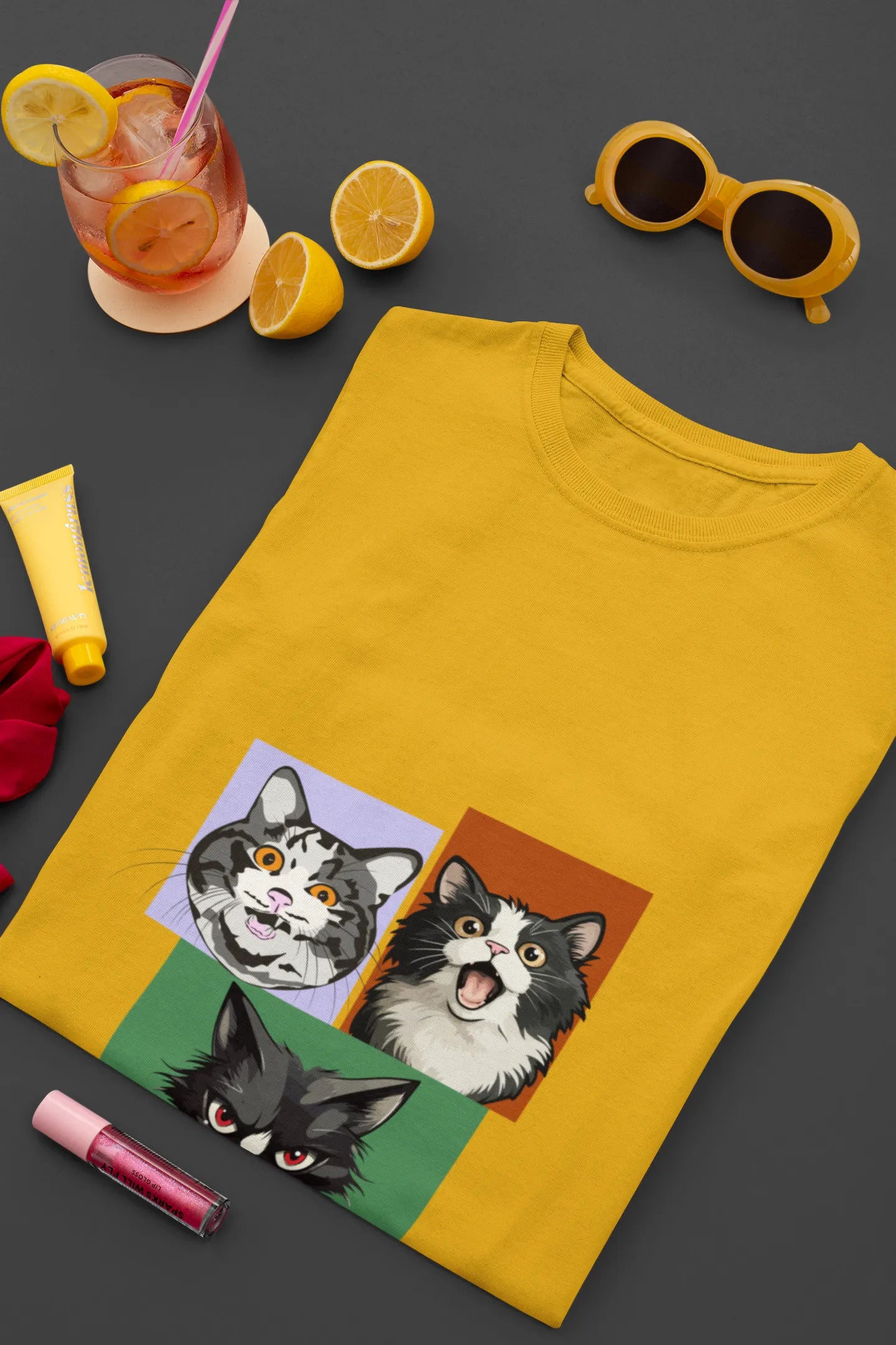 Grumpy, Happy & Surprised Cats Faces Graphic Tee for Women