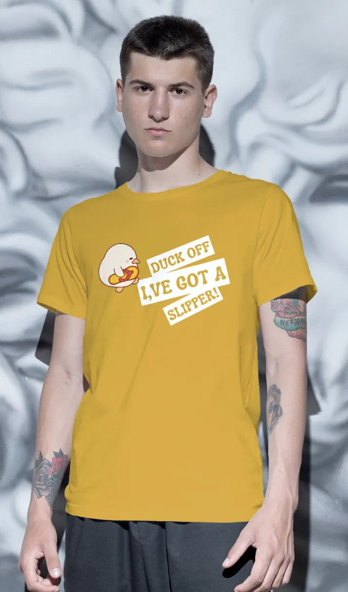 "Funny Duck Off Slipper T-Shirt – Cute Angry Duck Graphic Tee" | Men’s T-shirt for Animal Lovers