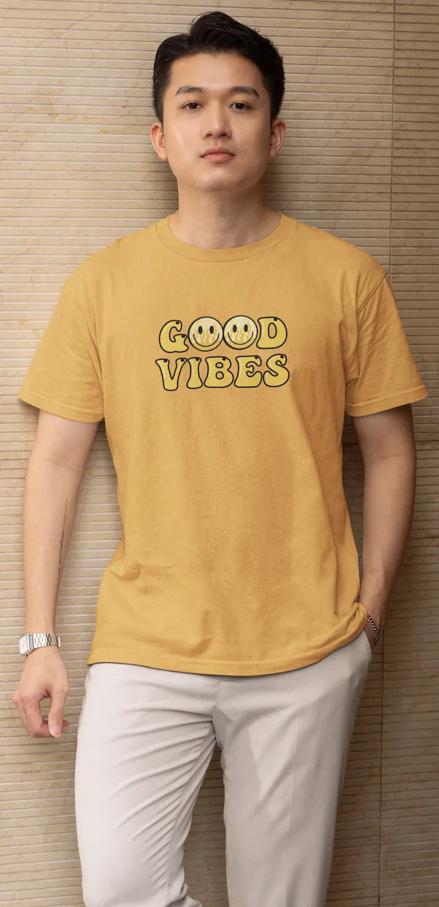 Good Vibes Flame Smiley T-Shirt – Yellow Cartoon Tee for Men