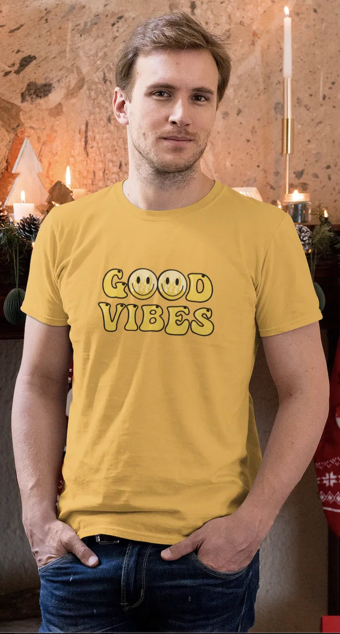 Good Vibes Flame Smiley T-Shirt – Yellow Cartoon Tee for Men