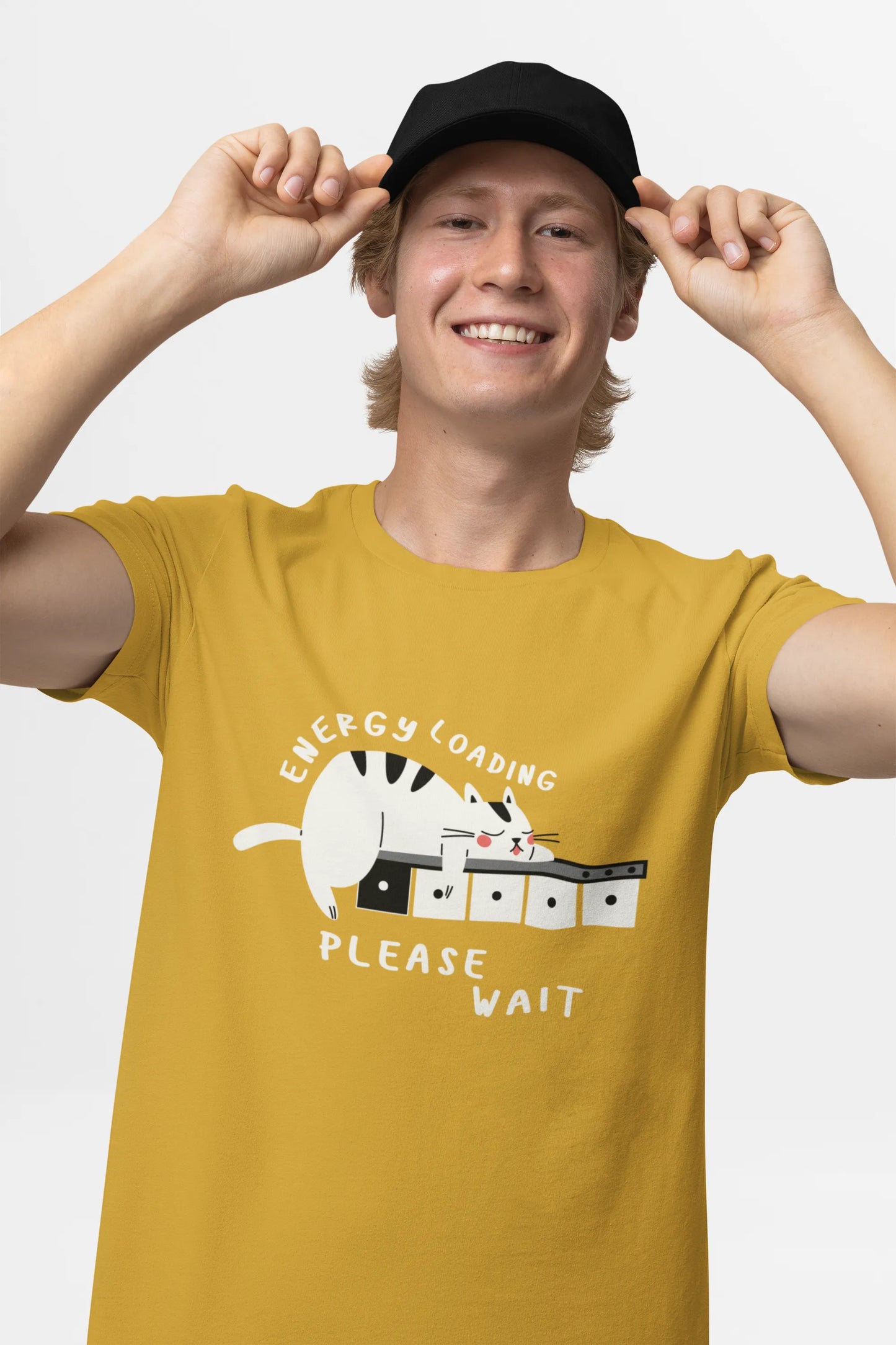 "Low Battery Mode Activated – Cute Lazy Cat Graphic Tee" | Men’s T-shirt for Animal Lovers