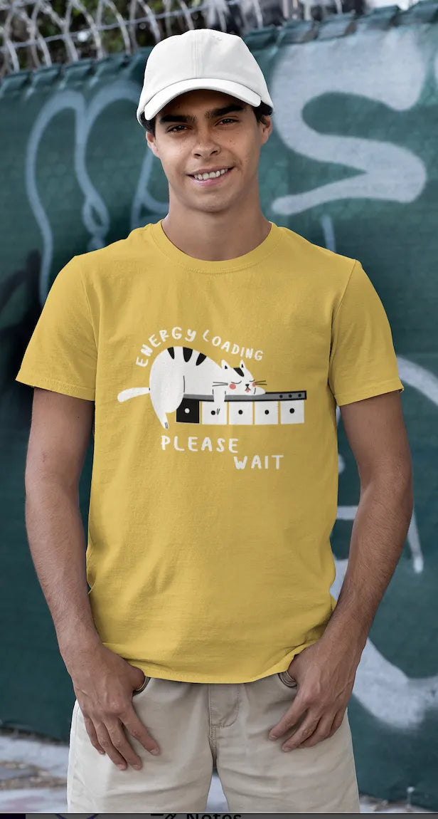 "Low Battery Mode Activated – Cute Lazy Cat Graphic Tee" | Men’s T-shirt for Animal Lovers