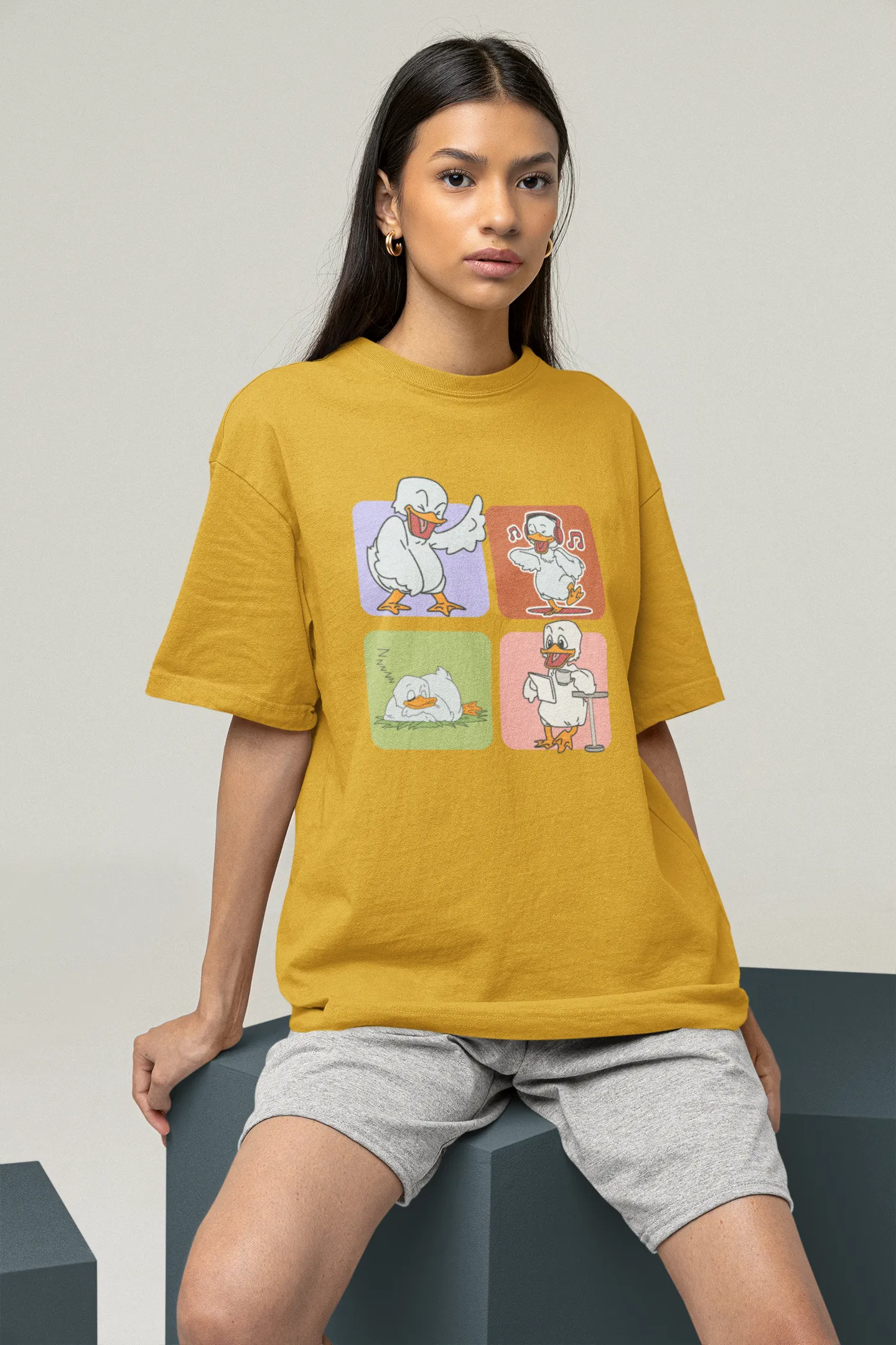 "Mood Swing Duck Graphic T-Shirt – Funny Cartoon Vibes Tee | Chill, Dance, Sleep & Read" | Women’s T-shirt for Cartoon Lovers