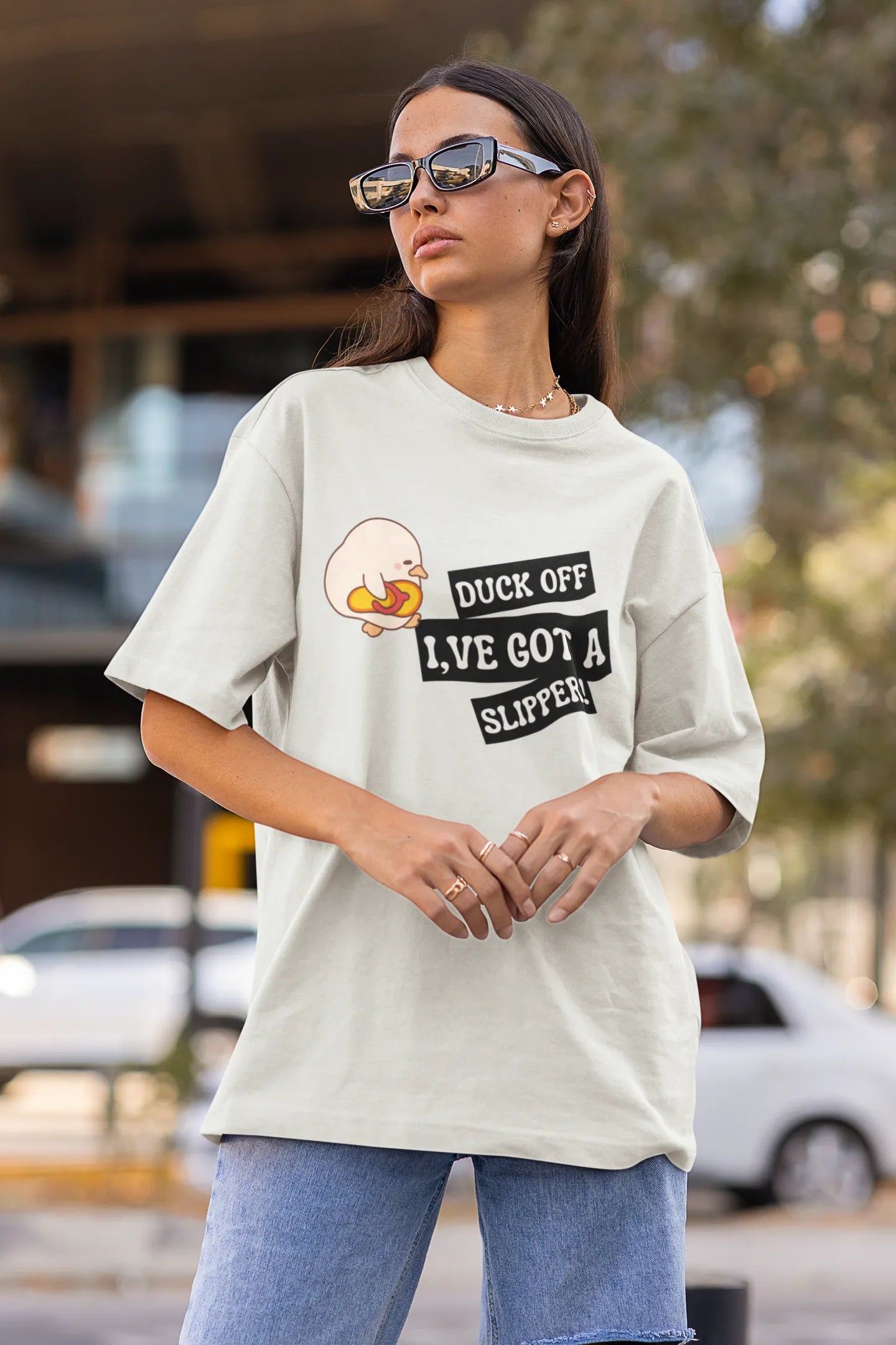 "Funny Duck Off Slipper T-Shirt – Cute Angry Duck Graphic Tee" | Women’s T-shirt for Animal Lovers