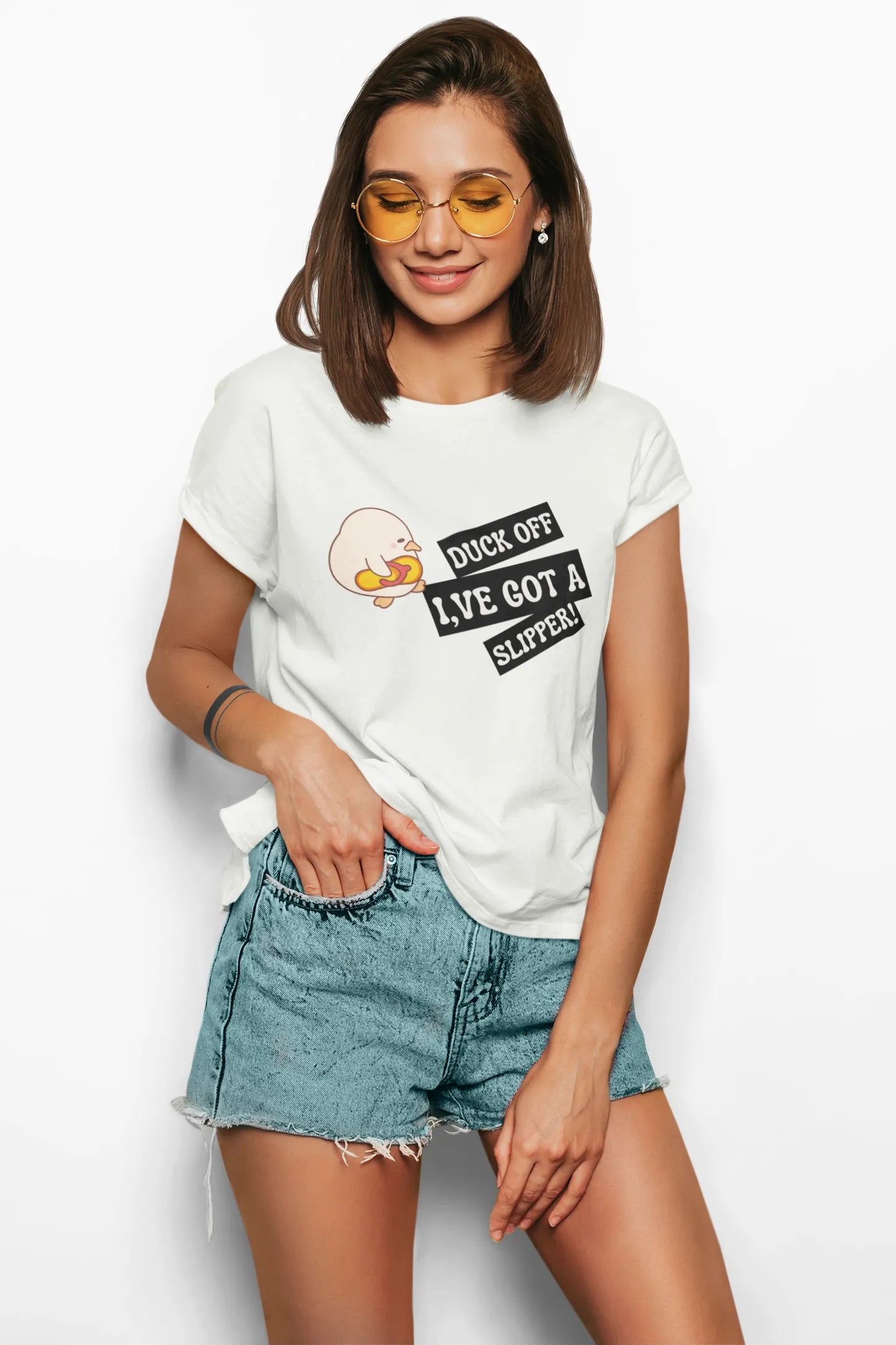 "Funny Duck Off Slipper T-Shirt – Cute Angry Duck Graphic Tee" | Women’s T-shirt for Animal Lovers