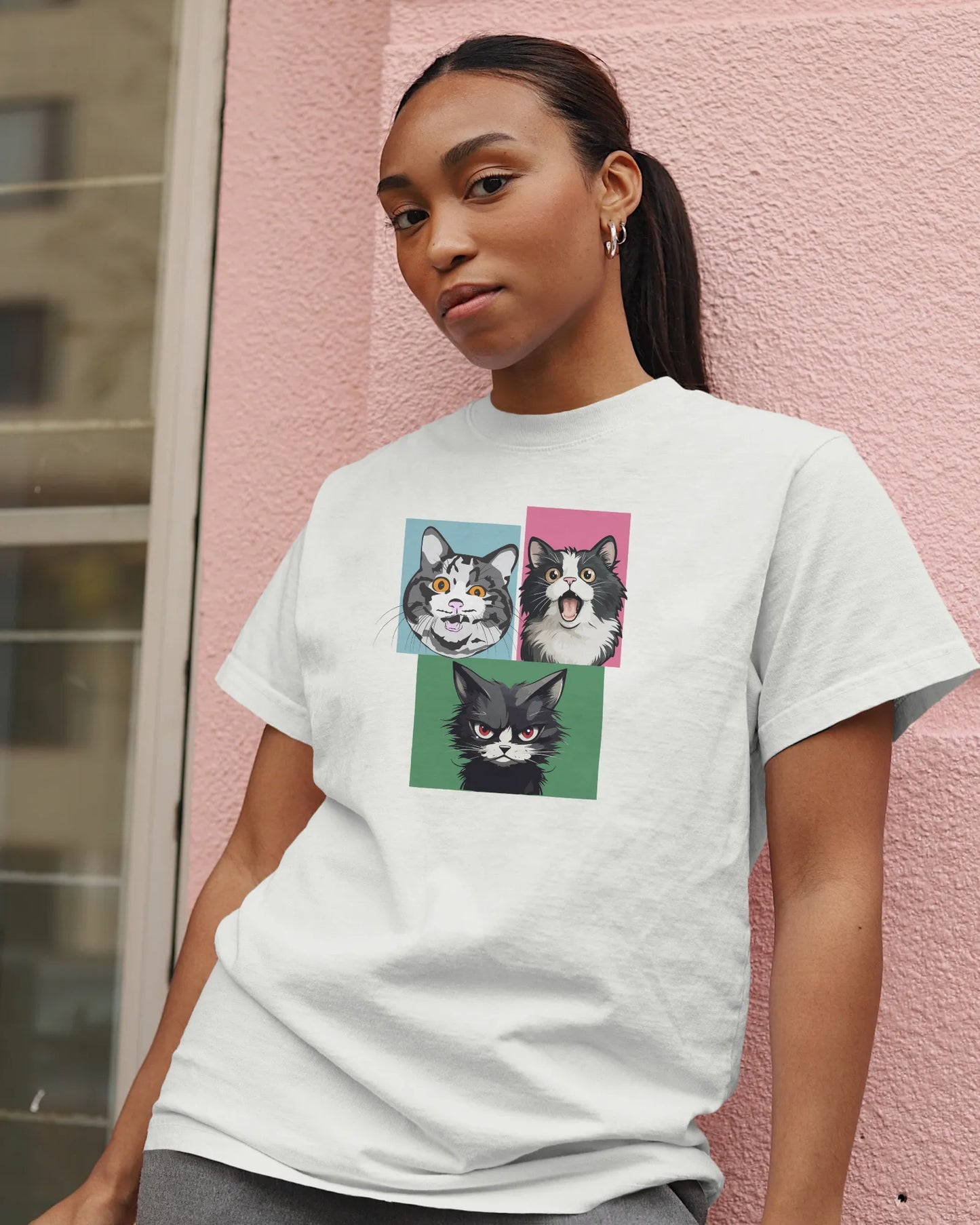 Grumpy, Happy & Surprised Cats Faces Graphic Tee for Women