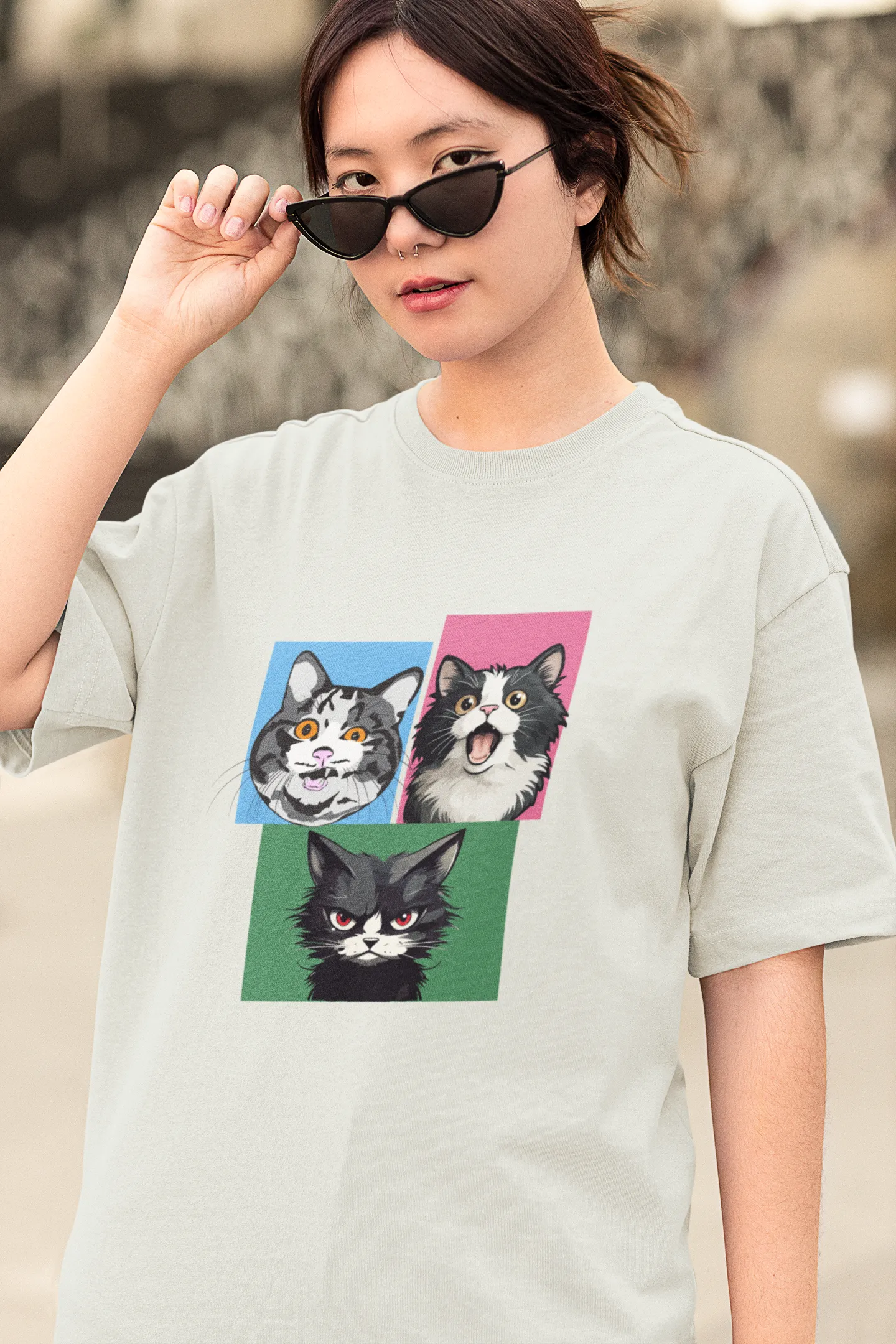 Grumpy, Happy & Surprised Cats Faces Graphic Tee for Women