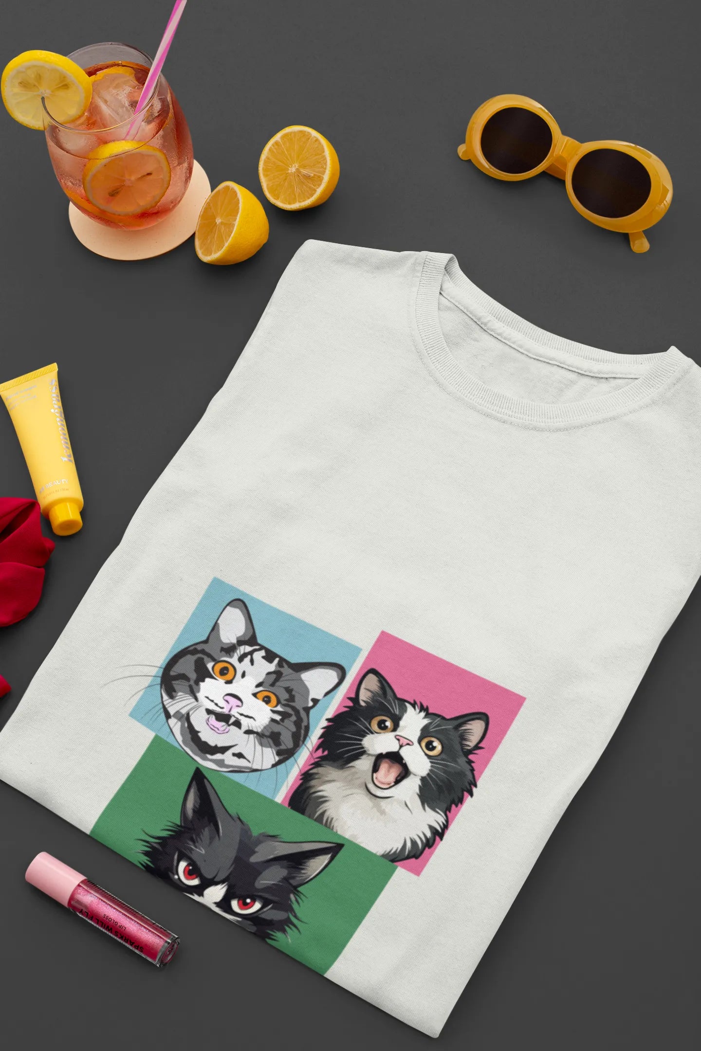 Grumpy, Happy & Surprised Cats Faces Graphic Tee for Women