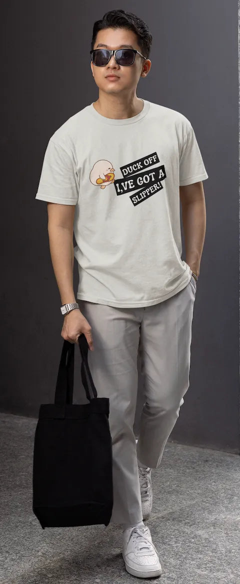 "Funny Duck Off Slipper T-Shirt – Cute Angry Duck Graphic Tee" | Men’s T-shirt for Animal Lovers