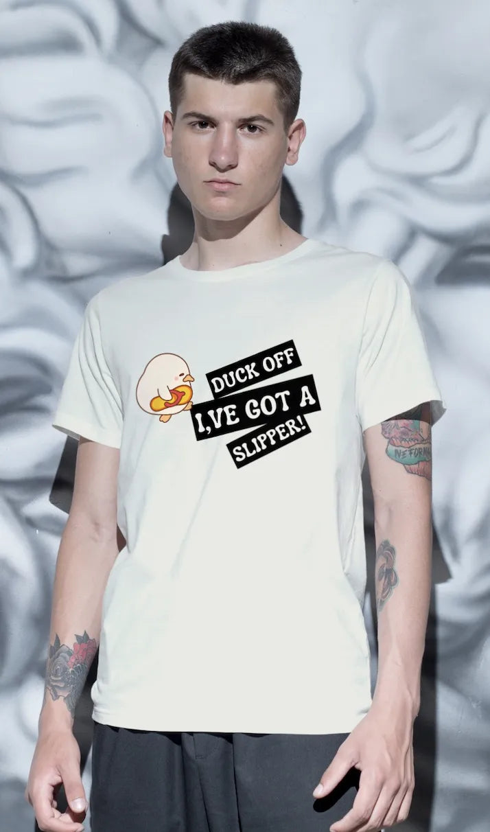"Funny Duck Off Slipper T-Shirt – Cute Angry Duck Graphic Tee" | Men’s T-shirt for Animal Lovers