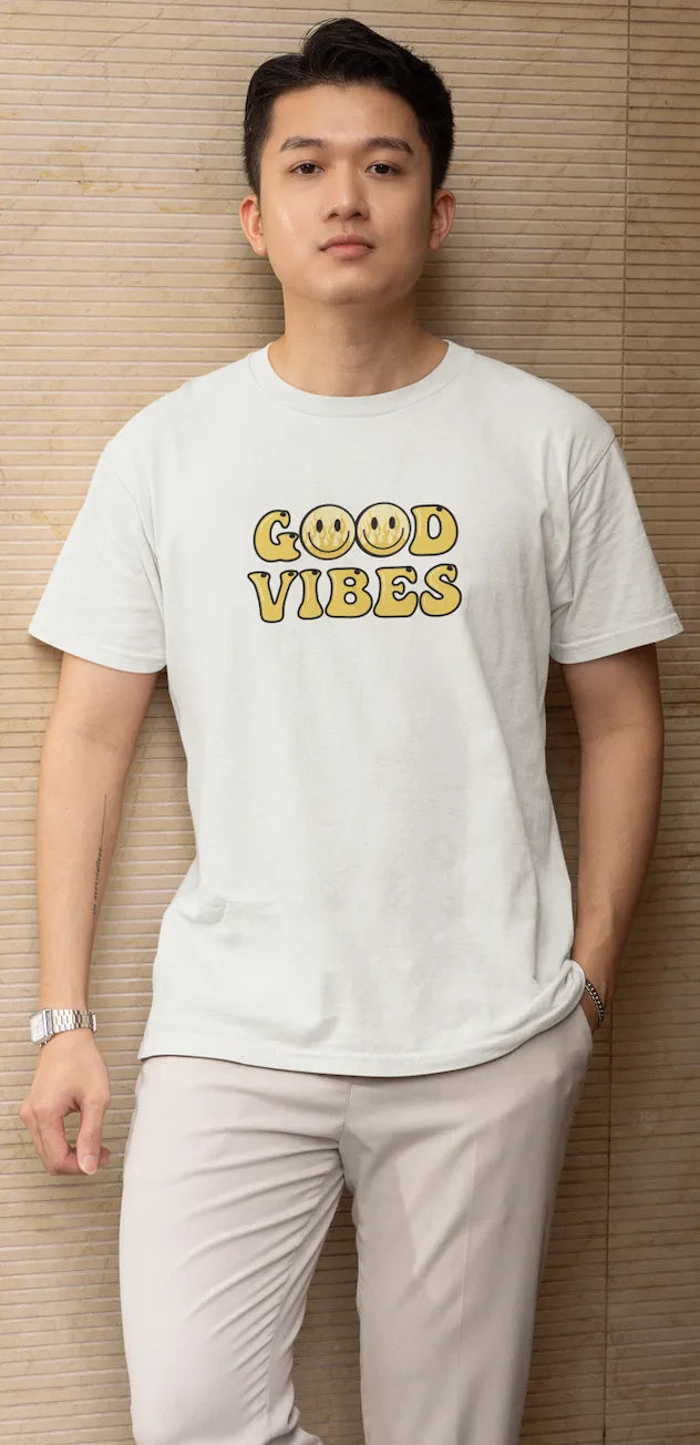 Good Vibes Flame Smiley T-Shirt – Yellow Cartoon Tee for Men