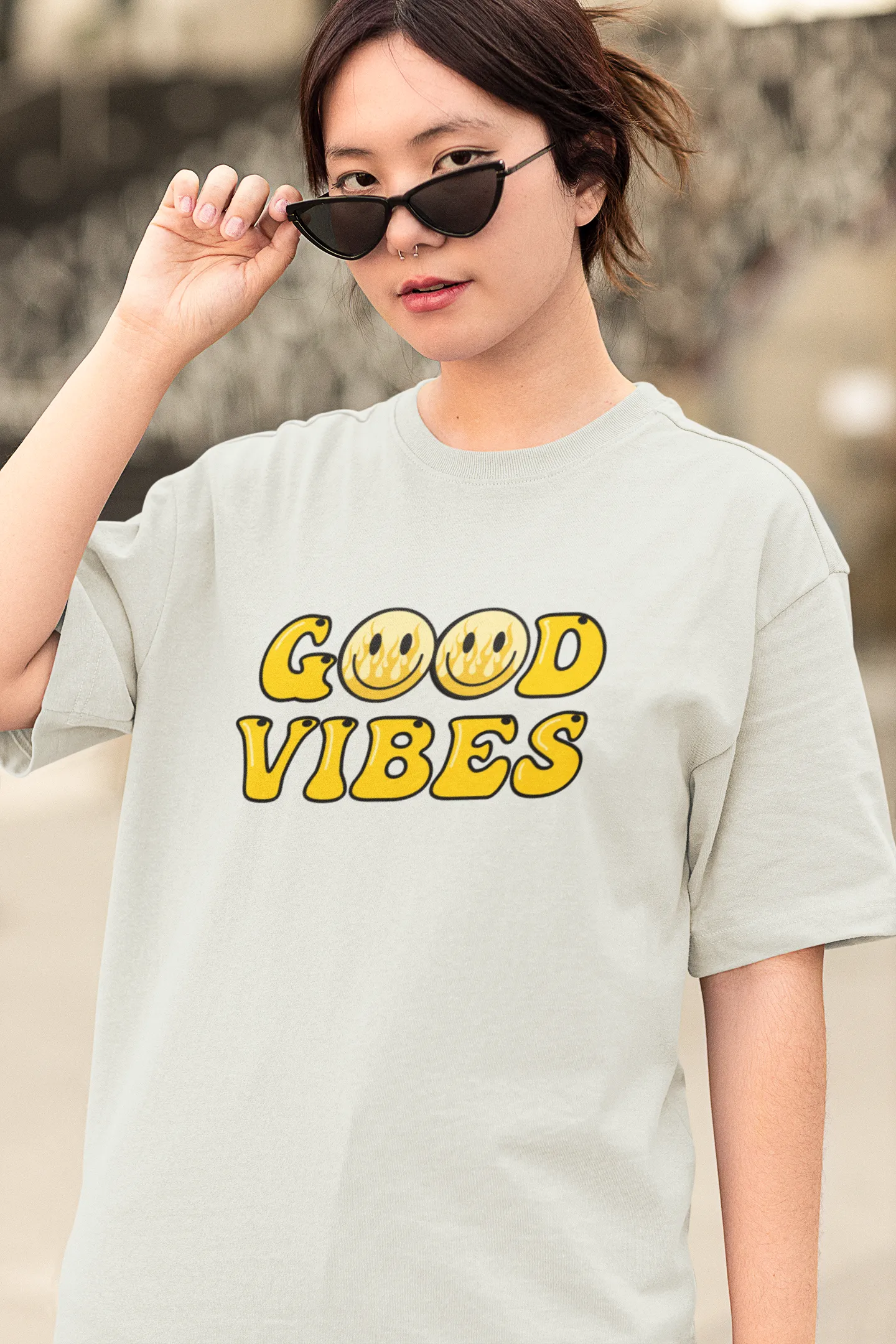 Good Vibes Flame Smiley – Yellow Cartoon Tee for Women
