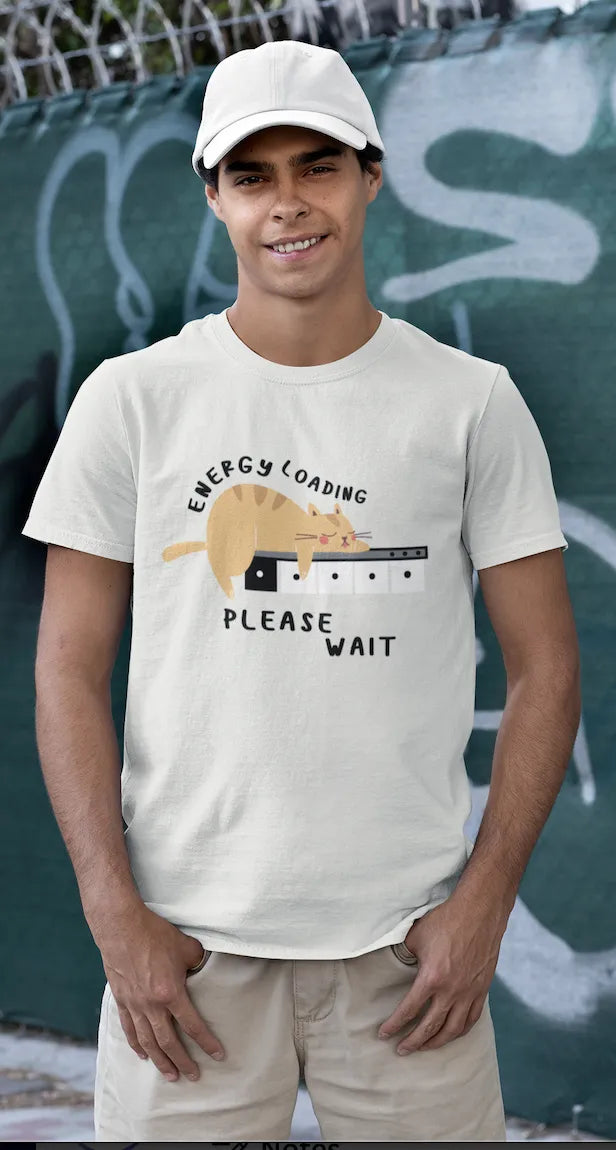 "Low Battery Mode Activated – Cute Lazy Cat Graphic Tee" | Men’s T-shirt for Animal Lovers