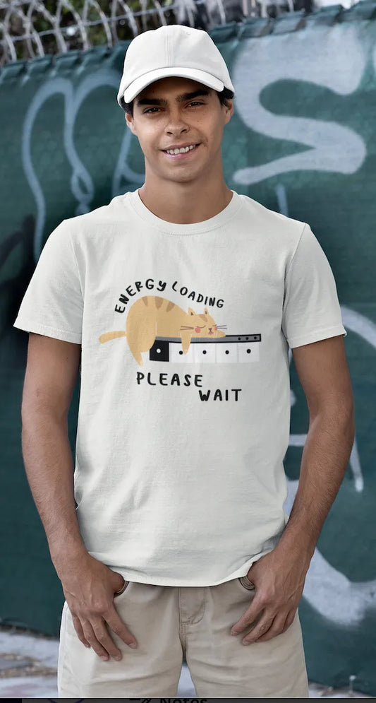 "Low Battery Mode Activated – Cute Lazy Cat Graphic Tee" | Men’s T-shirt for Animal Lovers