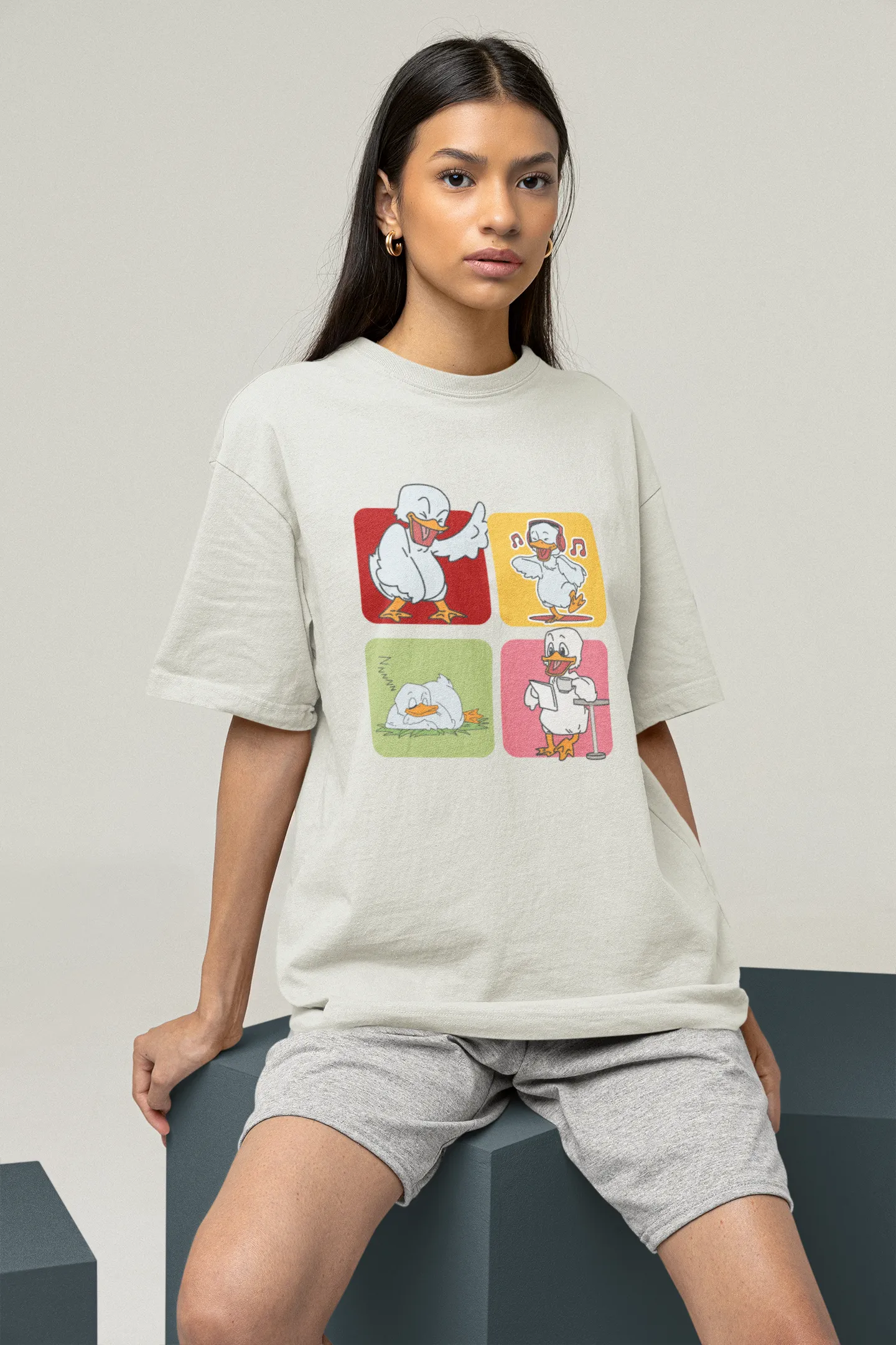 "Mood Swing Duck Graphic T-Shirt – Funny Cartoon Vibes Tee | Chill, Dance, Sleep & Read" | Women’s T-shirt for Cartoon Lovers