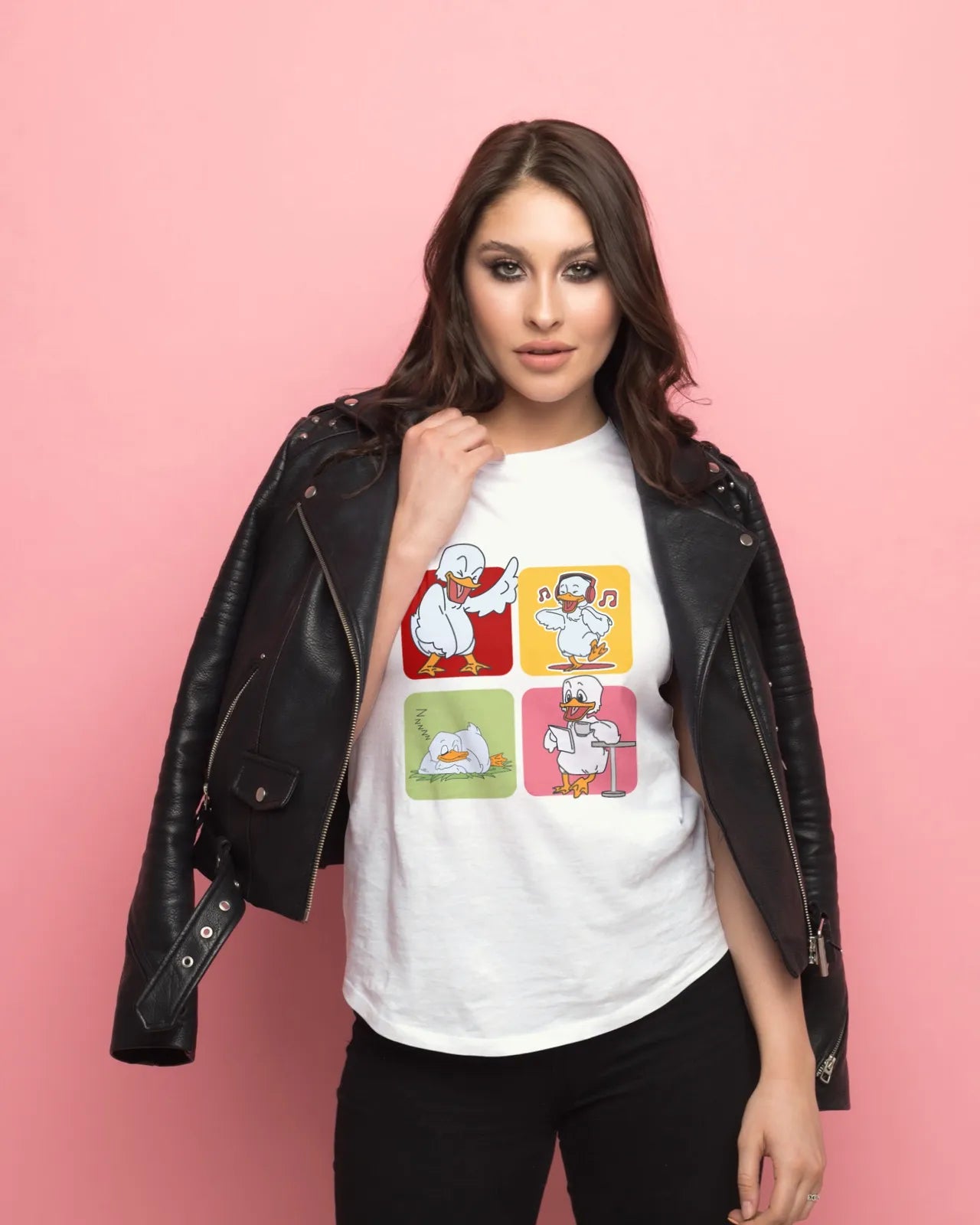 "Mood Swing Duck Graphic T-Shirt – Funny Cartoon Vibes Tee | Chill, Dance, Sleep & Read" | Women’s T-shirt for Cartoon Lovers