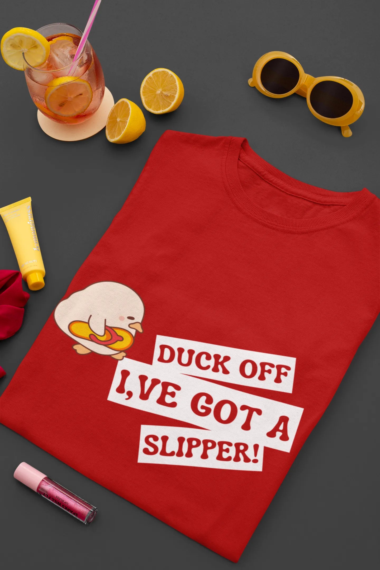 "Funny Duck Off Slipper T-Shirt – Cute Angry Duck Graphic Tee" | Women’s T-shirt for Animal Lovers