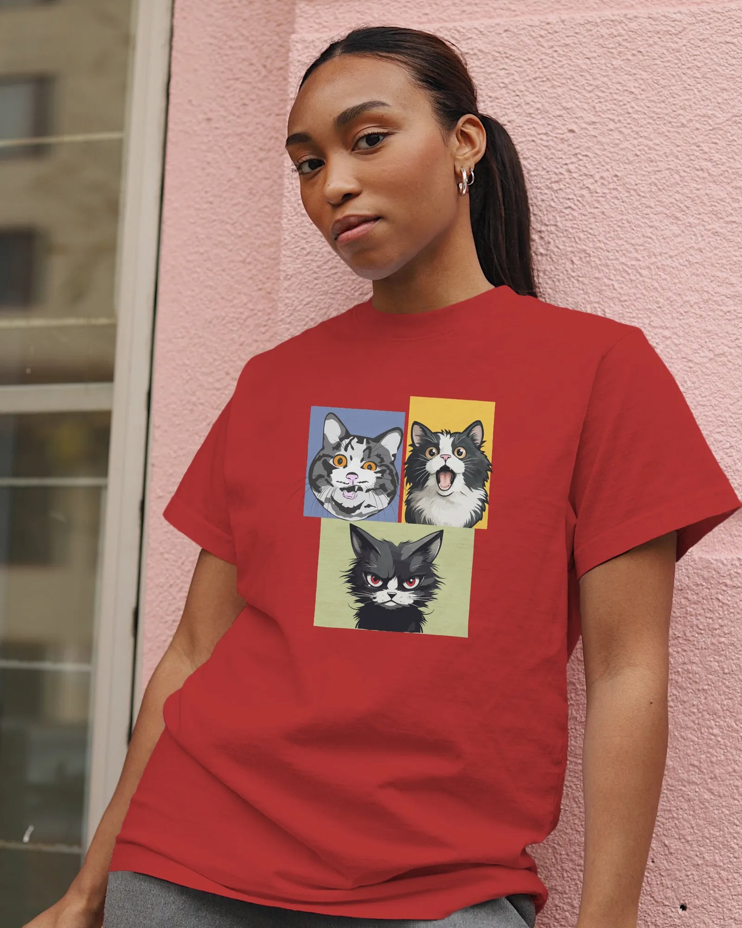 Grumpy, Happy & Surprised Cats Faces Graphic Tee for Women