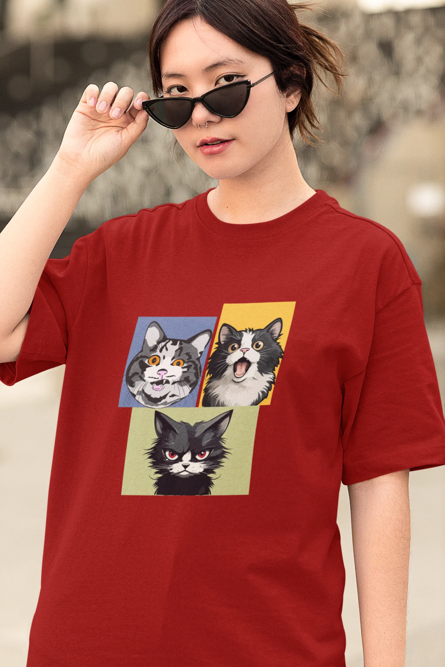 Grumpy, Happy & Surprised Cats Faces Graphic Tee for Women