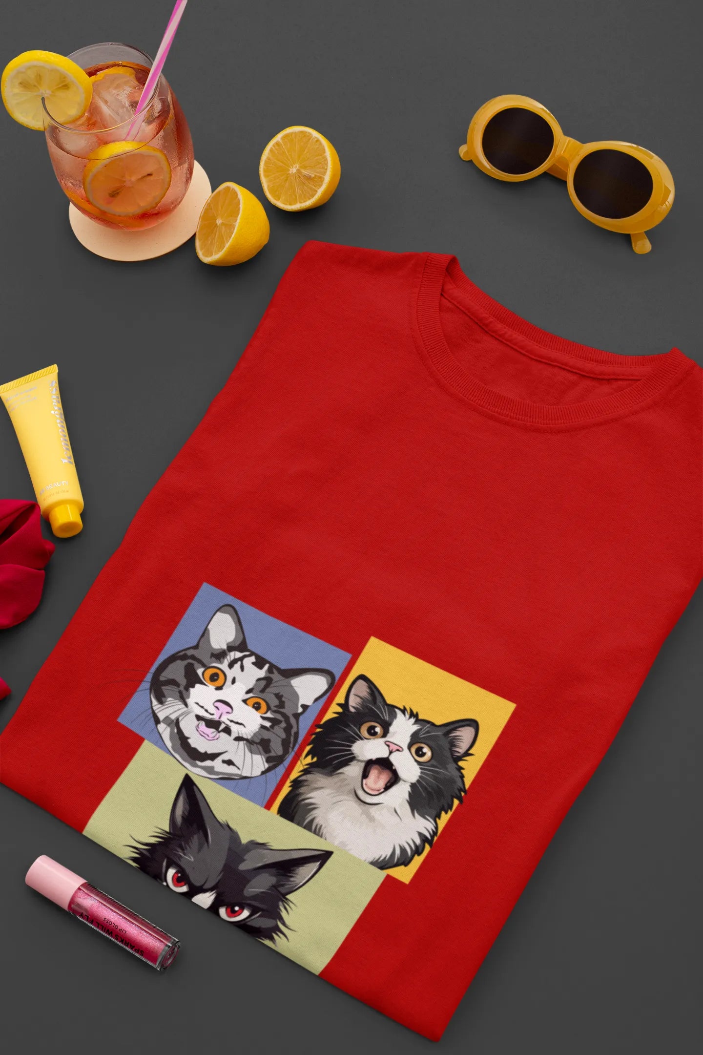 Grumpy, Happy & Surprised Cats Faces Graphic Tee for Women