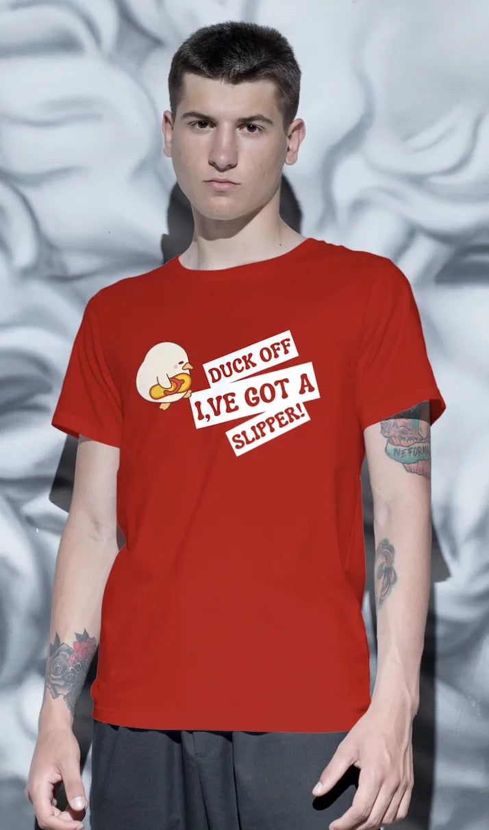 "Funny Duck Off Slipper T-Shirt – Cute Angry Duck Graphic Tee" | Men’s T-shirt for Animal Lovers