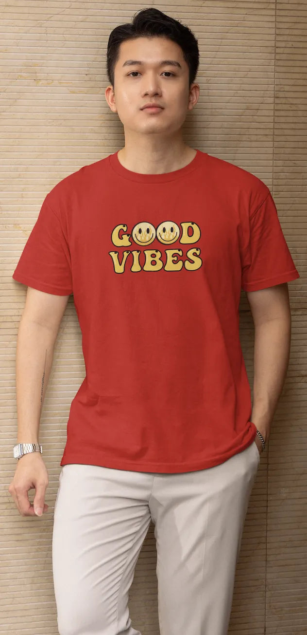 Good Vibes Flame Smiley T-Shirt – Yellow Cartoon Tee for Men